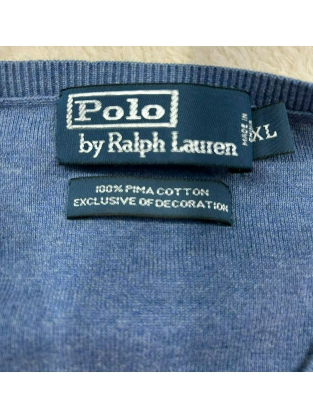 Polo Ralph Lauren Mens Blue V-Neck Sweater XL 100% Pima Cotton Red Pony Logo - Picture 2 of 4